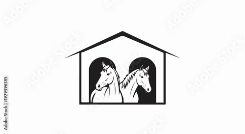 Stylized horses inside a barn with arched openings