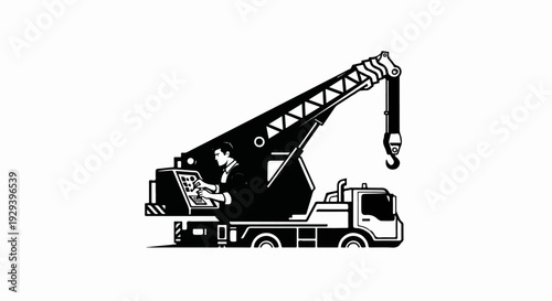 Operator controls a heavy-duty truck-mounted crane, raising a hook with precision