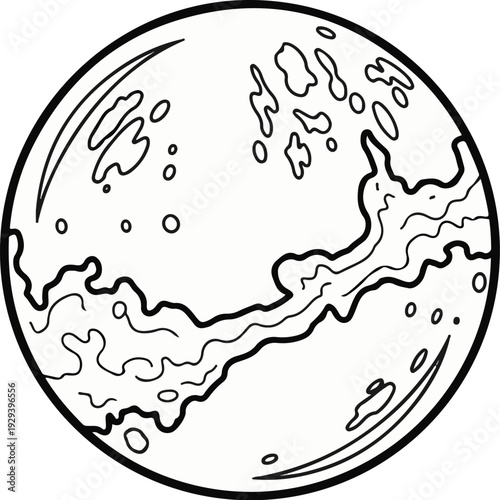 Line art of a planet with surface markings and craters