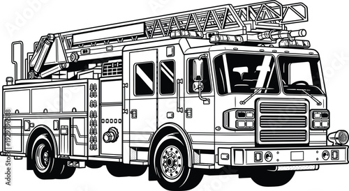Detailed black and white line art illustration of a modern fire truck with extension ladder for coloring book and design.
