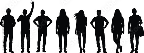 Diverse people silhouettes set, men and women walking, business group standing, male figures gesturing and shaking hands, urban community collection, isolated human body shapes, vector.
