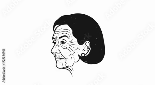 Profile illustration of an elderly woman with dark hair and wrinkled skin