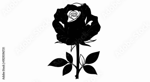 Silhouette of a single blooming rose with detailed petals and leaves