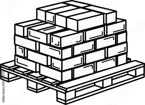Stacked bricks on a wooden pallet, simple line drawing