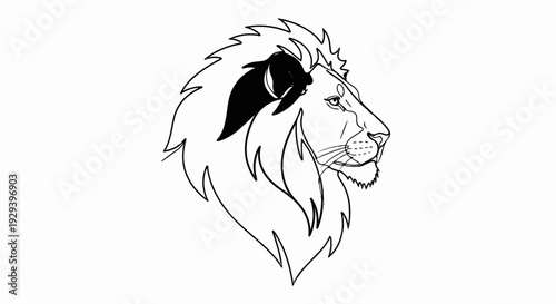 Stylized black and white line art portrait of a majestic lion's head