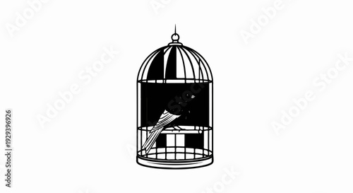 Stylized black and white silhouette of a bird in a decorative cage