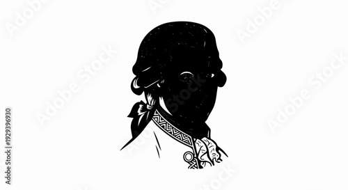 Stylized black and white portrait of a historical figure with a powdered wig