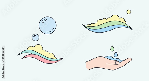 Cleanliness and hygiene illustrated cartoon bubbles and hand washing vector elements