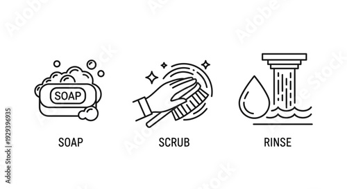 Cleanliness concept soap scrubbing brush and water icon set for hygiene