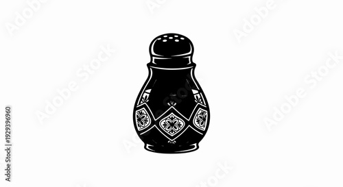 Stylized black shaker with decorative patterned body and silver lid
