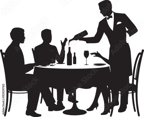 Silhouette of waiter pouring wine for couple at restaurant table