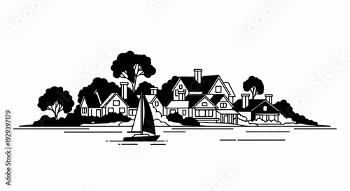 Coastal village with a sailboat on the water under trees