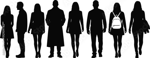 Diverse people walking silhouettes set, men and women group in motion, male figure gesturing and shaking hands, urban lifestyle community, professional business people, isolated.