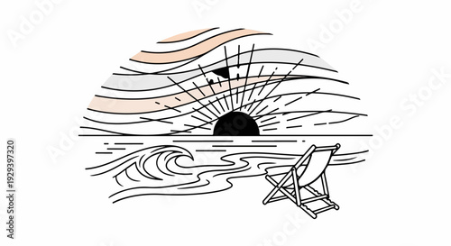 Stylized sunset over ocean waves with a solitary beach chair