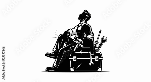 Tired tradesman sits on toolbox with tools, looking upwards