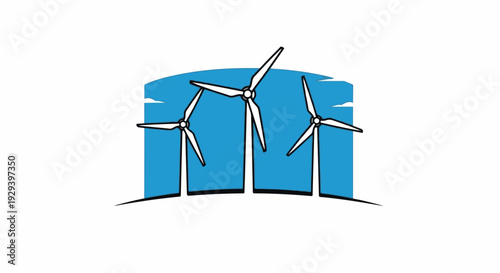 Three white wind turbines with propellers against a blue sky