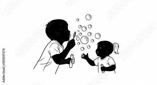 Two children blow bubbles with a wand and bottle