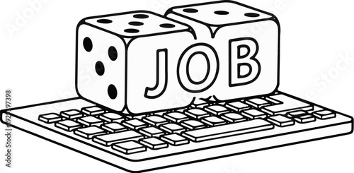 Two dice, one with spots, next to letters J-O-B on a keyboard