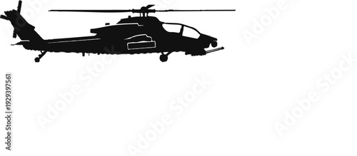 Black silhouette of a military attack helicopter in flight against a white background