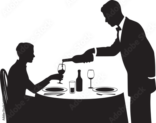 Silhouette of waiter pouring wine for diner at restaurant table