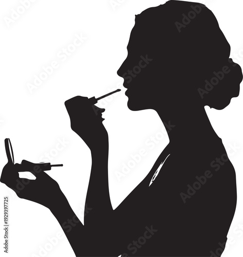 Woman applying lipstick from tube black silhouette