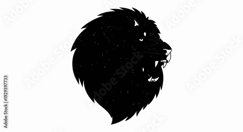 Aggressive black lion head profile with sharp teeth and mane