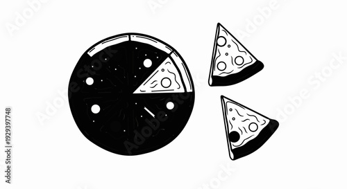 Sliced pizza with two extra slices, black and white illustration