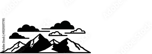 Stylized black and white illustration of mountain peaks under a cloudy sky