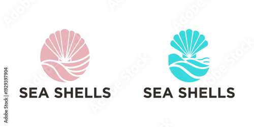 Modern seashell logo with flowing ocean waves in clean flat vector style. Perfect for beach brands, marine businesses, cosmetics, spa, and coastal branding.