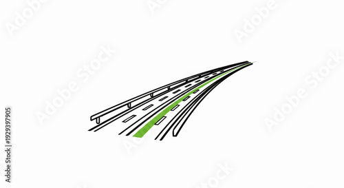 Stylized road with guardrail and green stripe curves into distance