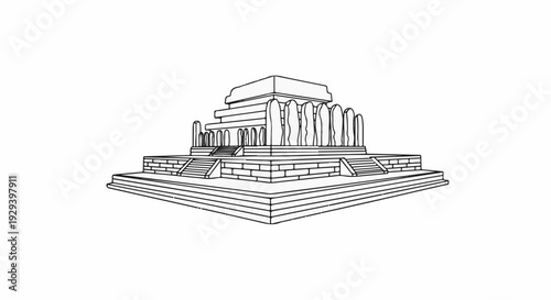 Stone monument with layered terraces and vertical pillars, outlined in black