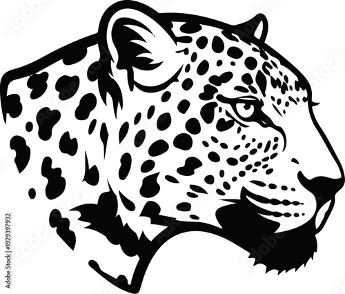 Stylized black and white head of a spotted jaguar in profile
