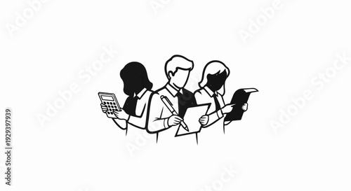 Three people working together, one with calculator, one writing, one reading