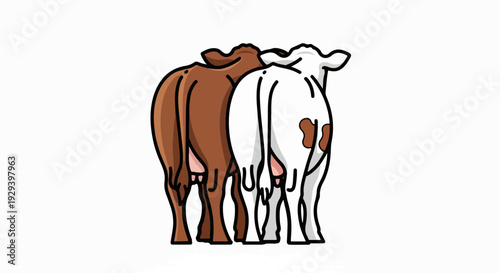 Two cows, one brown, one white with brown spots, stand back to back