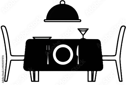 Two chairs flank a covered dining table set for a meal