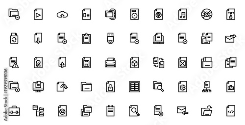 Files and Folders icon set. Minimal vector icons pack. Includes symbols for remove, download, upload, delete, folder, cloud, server, computer and more. Editable stroke.