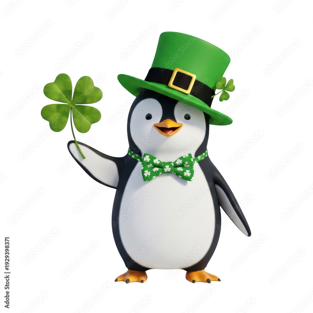 Fototapeta premium A penguin wearing a st patricks day hat and bow tie isolated on transparent background
