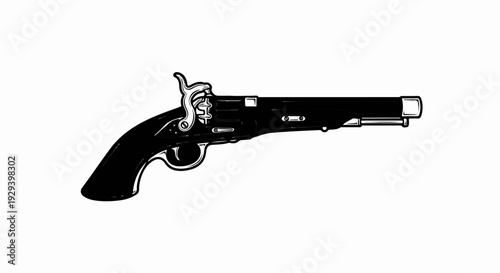 A detailed black and white illustration of a vintage single-shot pistol
