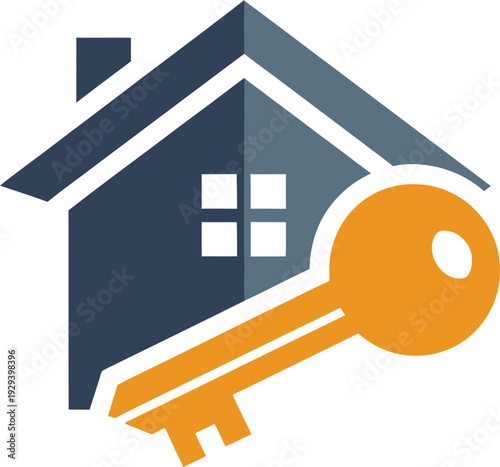 Simple house icon with a large key in front  symbolizing home ownership and security