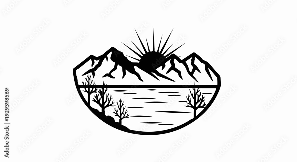 Obraz premium Stylized silhouette of a sun rising over mountains above a lake