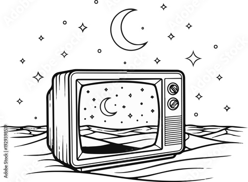 Vintage television displays a celestial night sky with a crescent moon and stars