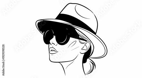 Stylized illustration of a woman wearing a wide-brimmed hat and sunglasses