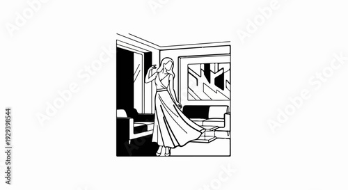 Woman in flowing dress poses in modern living room with abstract art