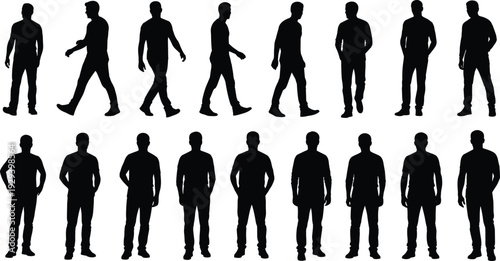 Man Standing and Walking Silhouettes Set in Different Casual Poses and Perspectives Isolated on White Background for Vector Graphic Design