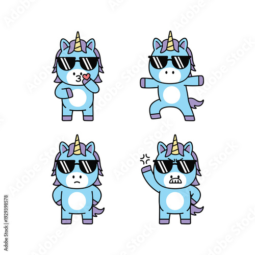 Cute cartoon unicorns wearing sunglasses in different poses with cool attitude