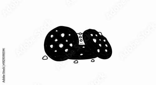 Three dark, circular cookies with white dots are clustered together