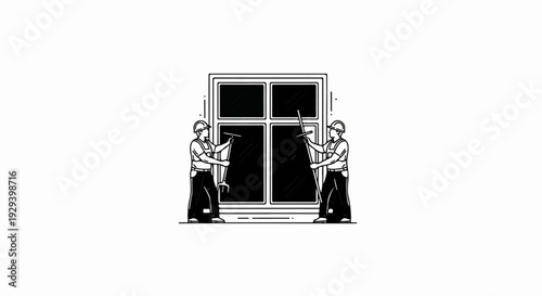 Two workers clean a large window with squeegees and tools