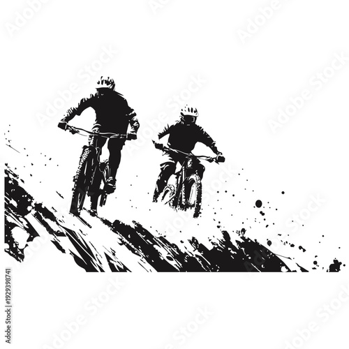Two mountain bikers on a dark trail, silhouette style action illustration of cyclists riding downhill, extreme sports concept isolated on a white background.