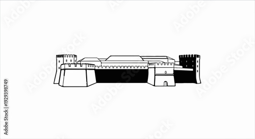 Stylized black and white illustration of a formidable fortress with crenellated walls and turrets