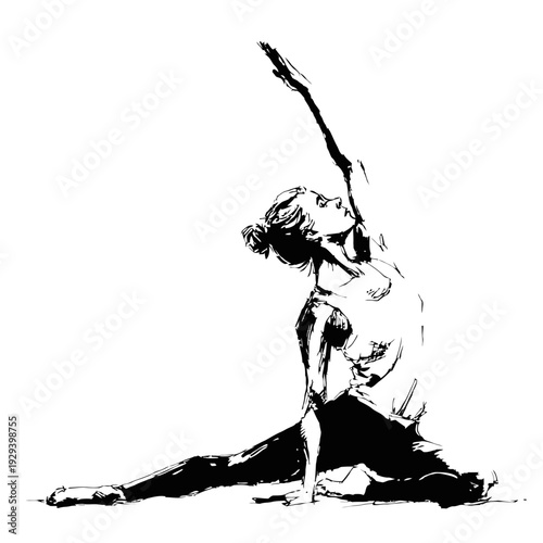 Stylized silhouette of a woman in a yoga pose, minimalist vector illustration representing flexibility and grace isolated on a white background.